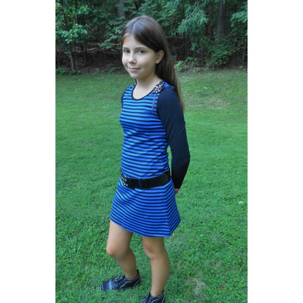sz 8 NEW Hannah Banana Navy Striped Tween Girls Dress/Tunic w/Belt Long Sleves